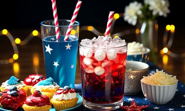 A vibrant display of colorful drinks and festive cupcakes, perfect for a celebration or party setting, featuring ice, straws, and decorative toppings.