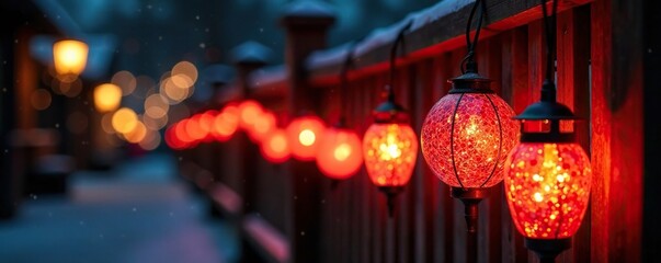 Christmas lights and lanterns on a wooden fence, lanterns, holiday