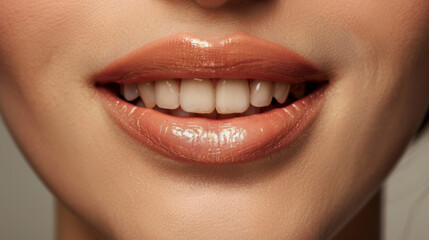 Fototapeta premium Perfectly Polished, Close-up of a radiant smile showcasing glossy lips and pearly white teeth, highlighting the beauty of a healthy and well-maintained smile,