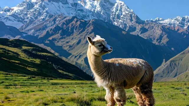 Alpaca grazing in picturesque andean mountain meadow with stunning landscape AI