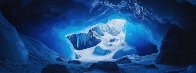 Fototapeta premium A surreal perspective of a towering ice cave illuminated by the ethereal glow of Arctic twilight, Arctic ice cave scene, Surreal style