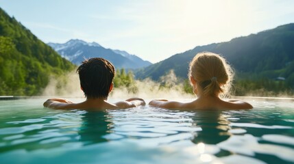Relaxing in Hot Springs with Mountain View at Sunset