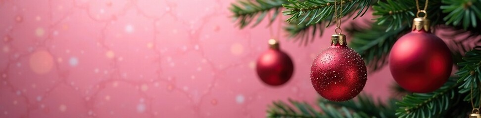 Colorful ornaments hang on a Christmas tree branch, pink, red