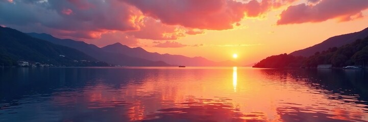 Obraz premium The fading light of sunset casts a warm glow over the tranquil bay scene with mountains in the background, warm, bay