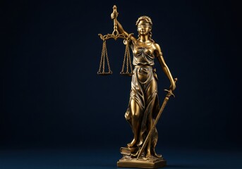 Golden statue, Lady Justice, blindfolded, holding scales and sword, dark blue background