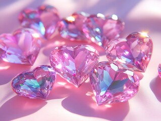 Crystal Heart Gems Arranged in a Beautiful Corner with Clear Reflections and Soft Lighting
