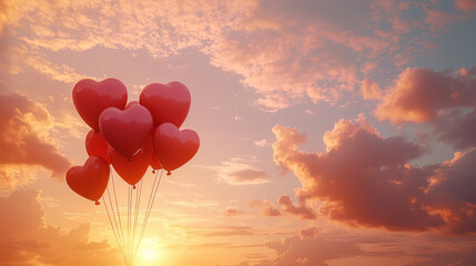 Obraz premium Heart balloons floating at sunset with cloudy sky, ideal for Valentine's Day