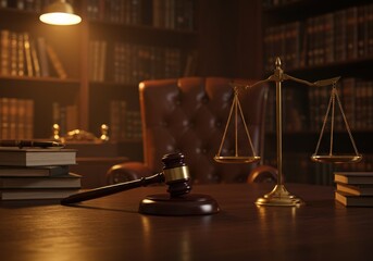 Legal office, law library, judge's desk, scales of justice, gavel, leather-bound books, warm
