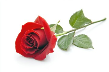 A stunning red rose rests gracefully on a pristine white surface, its vibrant petals contrasting beautifully with lush green leaves, symbolizing love's elegance.