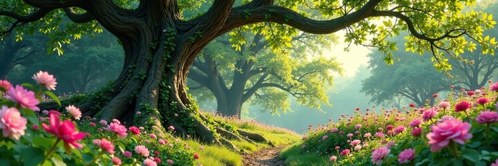 Fototapeta premium Vines entwining ancient trees amidst a tapestry of blooming flowers, trees, flowers, serene