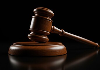 Wooden judge's gavel, close-up view, dark background, legal symbol, courtroom detail