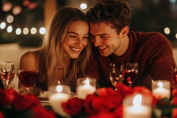 Two lovers share a romantic evening, surrounded by flickering candles and vibrant roses, radiating warmth and joy as they smile at each other.