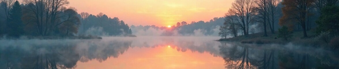 Fototapeta premium Reflections of trees on calm water surface at dawn, misty, natural