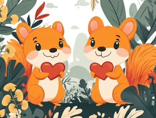 Obraz premium Cute Flat Vector Illustration of Two Adorable Squirrels Holding Hearts Surrounded by Nature and Foliage