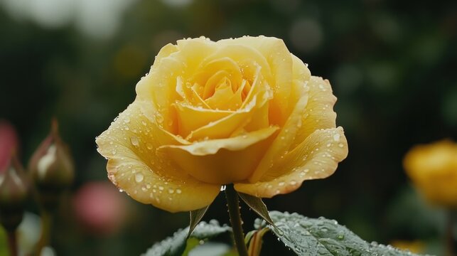 Yellow rose rain garden closeup floral bloom