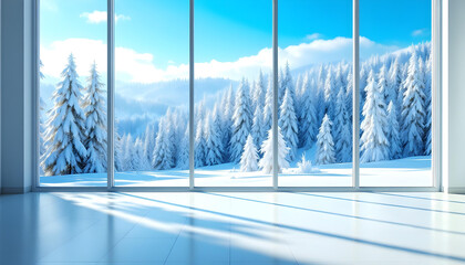 bright room windows snowy landscape