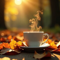 Warm golden light falls on steaming coffee cup amidst fallen leaves, texture, coffee