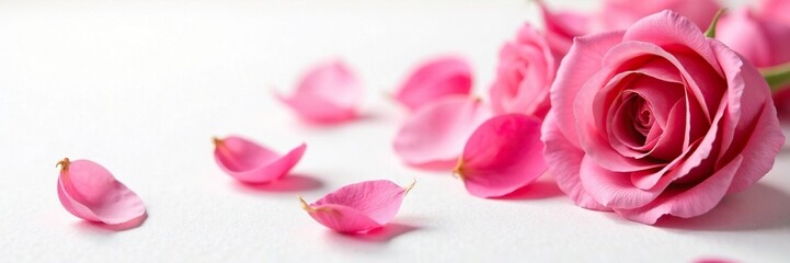 Delicate rose petals falling gently on white canvas, gentle, petals, quiet