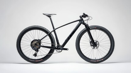 Fototapeta premium Stylish black mountain bike on a white background representing outdoor adventure and fitness lifestyle for biking enthusiasts.