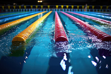 Empty pool lane lines at night, indoor aquatic center, competition prep