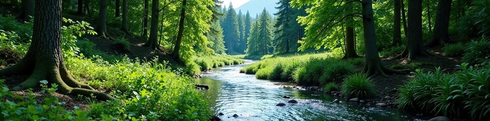 Winding riverbed through a dense forest landscape, nature, wilderness, riverbank