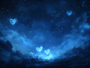 Fototapeta premium Dreamy Romantic Night Sky with Glowing Heart Shapes Understated in Serene Blue Atmosphere
