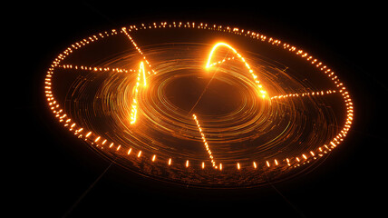 A glowing radar chart featuring intersecting beams and circular data rings, enhanced by dynamic light effects that highlight key data points, creating a visually striking and informative display.