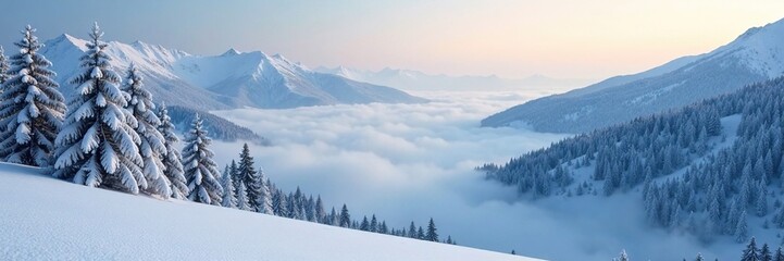 Winterscape with misty valley and snow-covered trees, serene landscape, cold climate