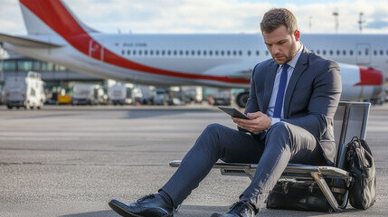 A man in a suit is sitting on a bench next to an airplane