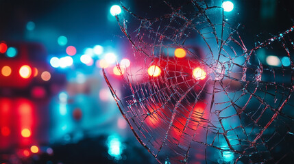 A spider web is shown in a blurry image of a city street