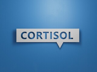 Cortisol word written on wood block. Cortisol text on cement table for your desing, view concept.3D rendering on blue background.