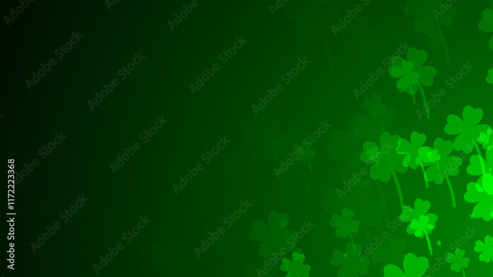 Poster green four-leaf clover shapes are moving from the bottom right of a gradient grid abstract backgroun