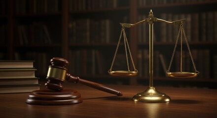 Legal justice symbols, ornate golden scales of justice, wooden judge's gavel, dark wood desk
