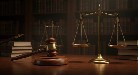 Legal justice symbols, ornate golden scales of justice, wooden judge's gavel, dark wood desk