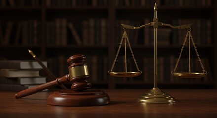 Legal justice symbols, ornate golden scales of justice, wooden judge's gavel, dark wood desk