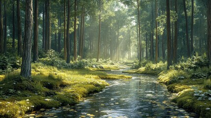 Obraz premium A serene forest scene with a gentle stream and dappled sunlight.