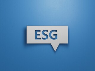 Environmental, Social, and Governance on Speech Bubble.Minimalist Abstract Design With White Cut Out Paper.3D rendering on blue background.
