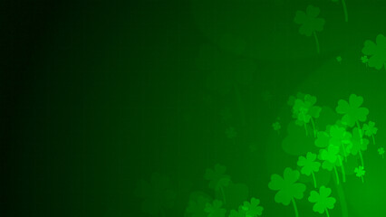 Green four-leaf clover shapes are moving from the bottom right of a gradient grid abstract background, horizontal composition. Nature background for graphic design.