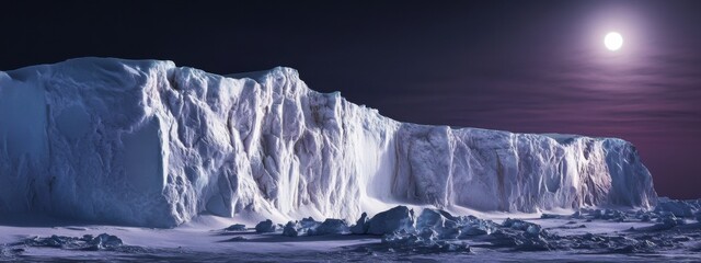 A surreal perspective of a towering ice cliff illuminated by the soft glow of the Antarctic midnight sun, Antarctic ice cliff scene, Surreal style
