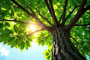 Fototapeta premium Sunlight filters through the teak tree's leafy canopy above, wood, trees
