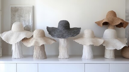 A display of stylish wide-brimmed hats in neutral tones such as white, beige, and gray, arranged elegantly on stands in a minimalist setting. The hats add a sophisticated aesthetic to the room