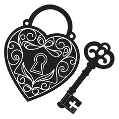 happy valentines day heart and keysilhouette vector illustration
