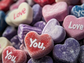 Obraz premium Colorful Heart-Shaped Valentine's Day Candies with Messages in Soft Light, Close-Up