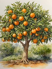 Citrus Bliss: Watercolor Orange Tree in Full Bloom