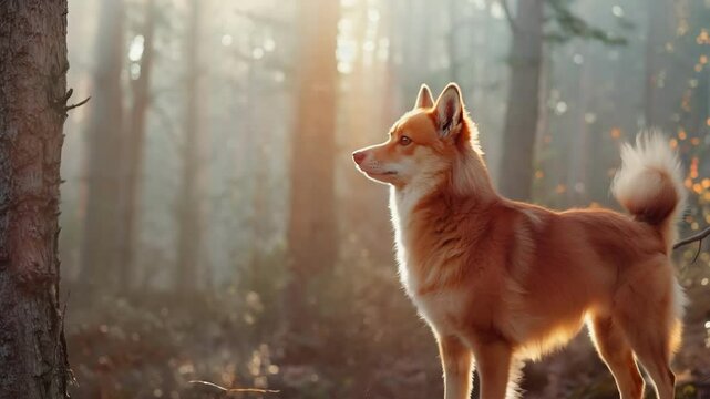 Finnish spitz in serene forest setting, autumn wildlife exploration AI