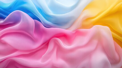 Obraz premium A colorful display of soft, flowing fabrics in pastel shades of blue, pink, and yellow. The silky textures and vibrant colors create an elegant and serene visual aesthetic