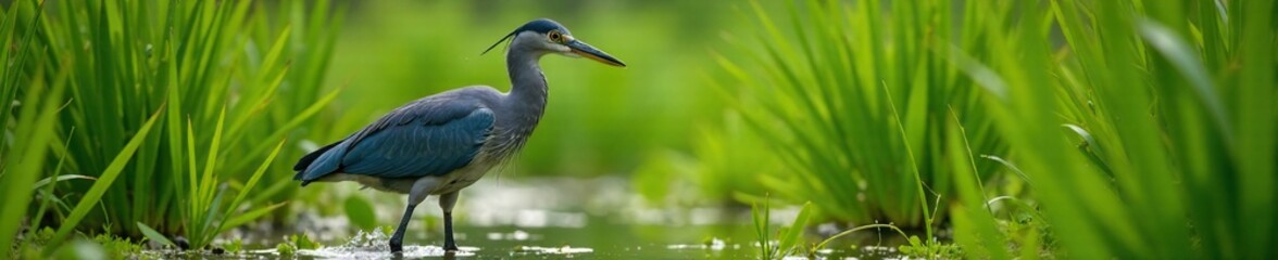 Obraz premium Little blue heron wading through tall grasses searching, wading, aquatic, grasses