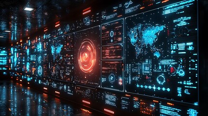 Futuristic digital interface wall with global network data and interactive dashboards.