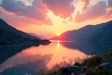 Warm peach tones fading into a serene lake at sunset with surrounding hills, serene, hill, peach