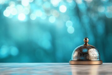 Metallic service bell on marble surface with bokeh background.
